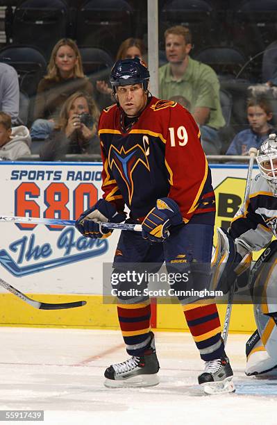 Scott Mellanby of the Atlanta Thrashers looks for a deflection in front of the net against the Nashville Predators during their NHL game on September...