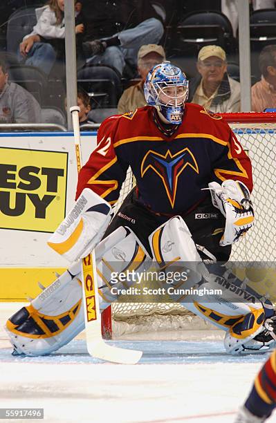 Goaltender Kari Lehtonen of the Atlanta Thrashers waits for a shot from the Nashville Predators during their NHL game on September 30, 2005 at...