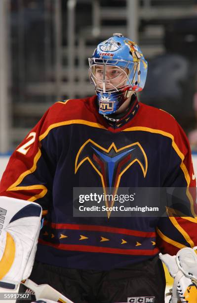 Goaltender Kari Lehtonen of the Atlanta Thrashers looks on against the Nashville Predators during their NHL game on September 30, 2005 at Philips...