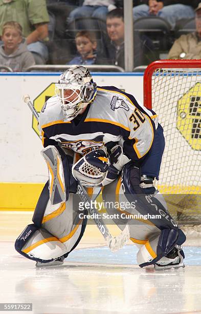 Chris Mason of the Nashville Predators gets set for a shot against the Atlanta Thrashers during their NHL game on September 30, 2005 at Philips Arena...