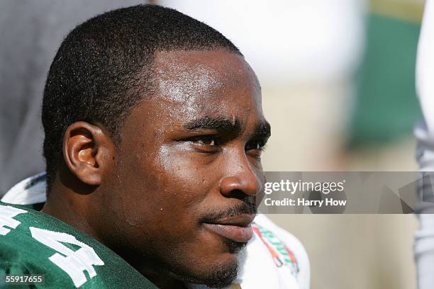 Running back Najeh Davenport of the Green Bay Packers looks on after being injured against the New Orleans Saints at Lambeau Field on October 9, 2005...