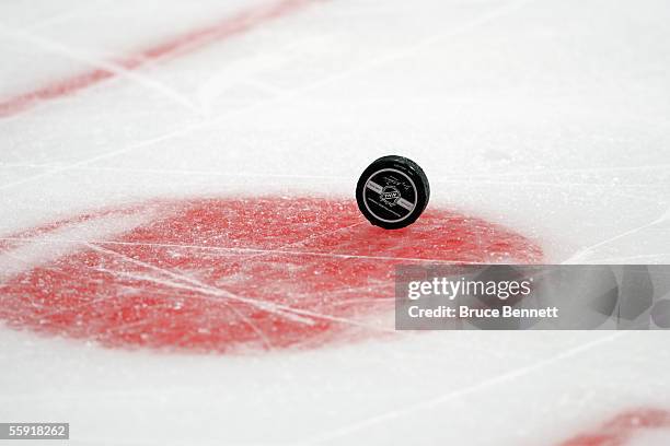 View of a hockey puck on the ice during the New York Rangers game against the Montreal Canadiens during the season opening game at Madison Square...