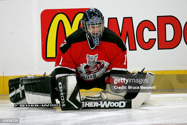 Goalie Frank Doyle of the Albany River Rats warms-up for the game against the Philadelphia Phantoms on October 9, 2005 at the Wachovia Center in...