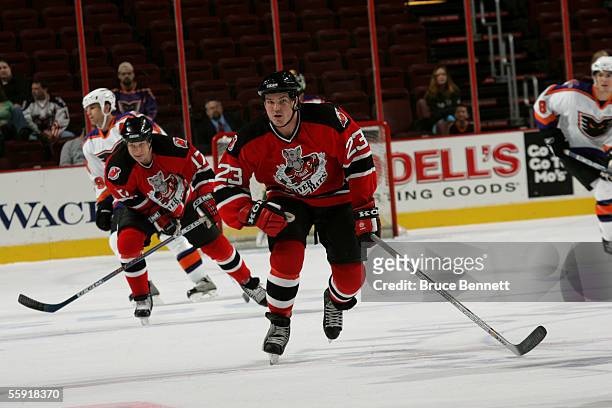 Right wing David Clarkson of the Albany River Rats skates on the ice during the game against the Philadelphia Phantoms on October 9, 2005 at the...