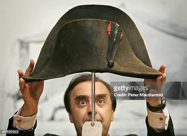 Bicorn hat, said to have been worn by Napoleon Bonaparte, is readied for display by Nicholas Lambourn at Christie's on October 14, 2005 in London,...
