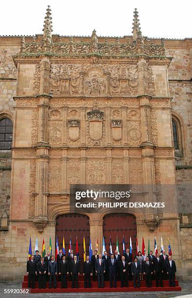 Leaders of Latin America, Spain, Portugal and Andorra pose for the official picture in front of the main gate of the University of Salamanca on the...