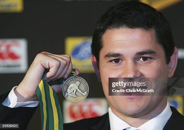 Jeremy Paul of the Wallabies poses with the John Eales Medal after winning the award during the John Eales Medal dinner held at the Horden Pavillion...