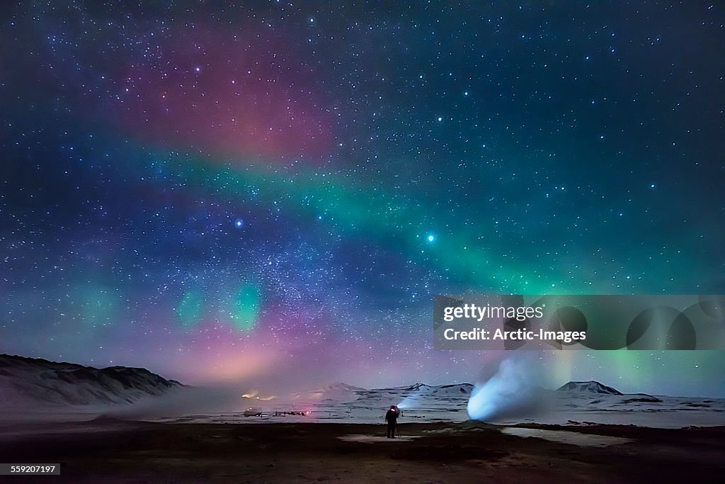 Aurora Borealis and Geothermal Steam, Iceland