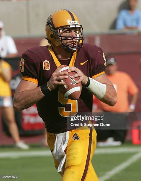 Quarterback Sam Keller of the Arizona State Sun Devils looks to pass the ball during the game against the USC Trojans on October 1, 2005 at Sun Devil...