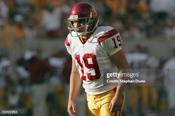 Mario Danelo of the USC Trojans gets ready to kick during the game against the Arizona State Sun Devils on October 1, 2005 at Sun Devil Stadium in...