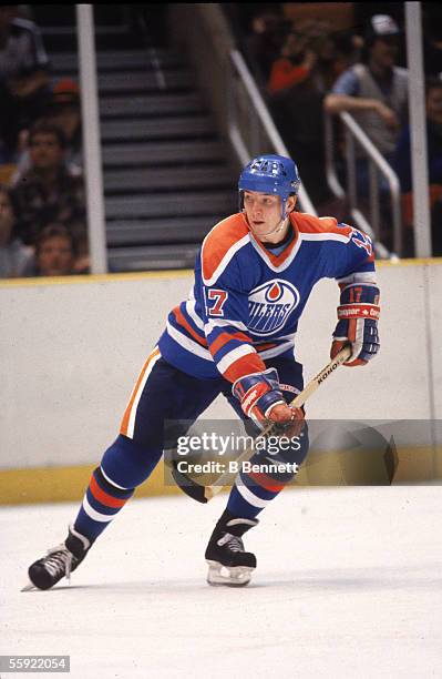 Finnish professional hockey player Jari Kurri of the Edmonton Oilers in action during an away game, 1980s.