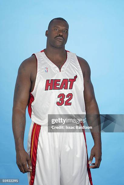 Shaquille O'Neal of the Miami Heat poses for a portrait during 2005 NBA Media Day on October 3, 2005 at American Airlines Arena in Miami, Florida....