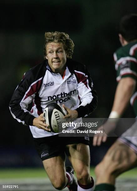 Jonny Wilkinson, the Newcastle standoff powers forward during the Guinness Premiership match between Leicester Tigers and Newcastle Falcons at...