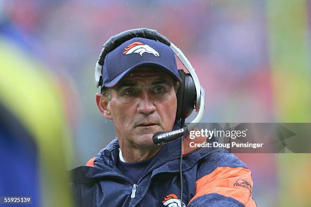 Head coach Mike Shanahan of the Denver Broncos looks on the field during the game against the Washington Redskins at Invesco Field at Mile High on...