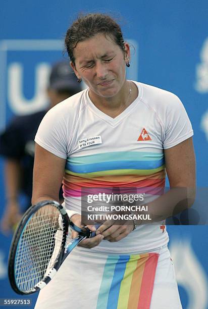 Italian tennis player Antonella Serra Zanetti reacts after losing to Nadia Petrova of Russia during the semi final round of tennis PTT Thailand Open...