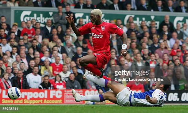 Zurab Khizanishvili of Blackburn brings down Djibril Cisse of Liverpool on the edge of the box and is sent off during the Barclays Premiership match...