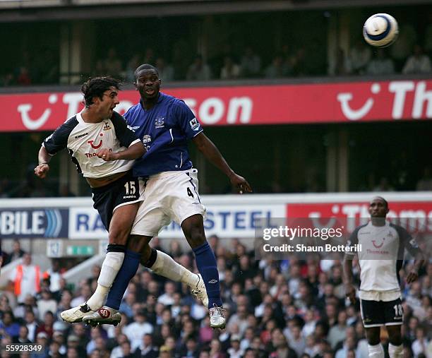 Mido of Tottenham Hotspur beats Joseph Yobo of Everton to score the first goal during the FA Barclays Premiership match between Tottenham Hotspur and...