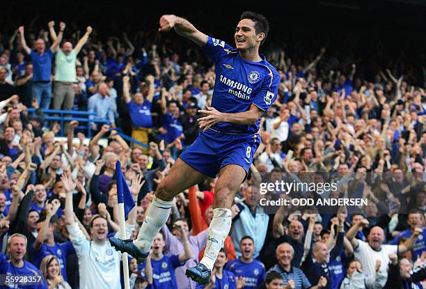 London, UNITED KINGDOM: Frank Lampard of Chelsea celebrates his first goal against Bolton during a premiership match at Stamford Bridge in west...