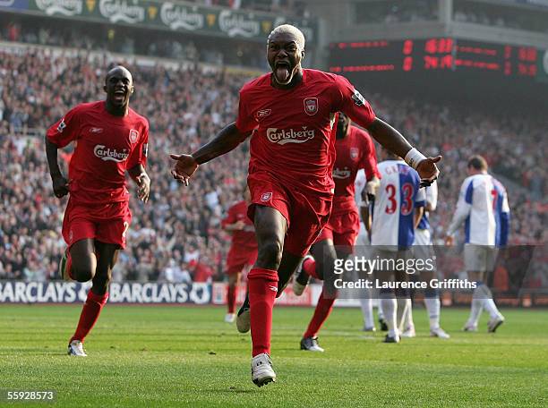 Djibril Cisse of Liverpool celebrates scoring the winning goal during the Barclays Premiership match between Liverpool and Blackburn Rovers on...