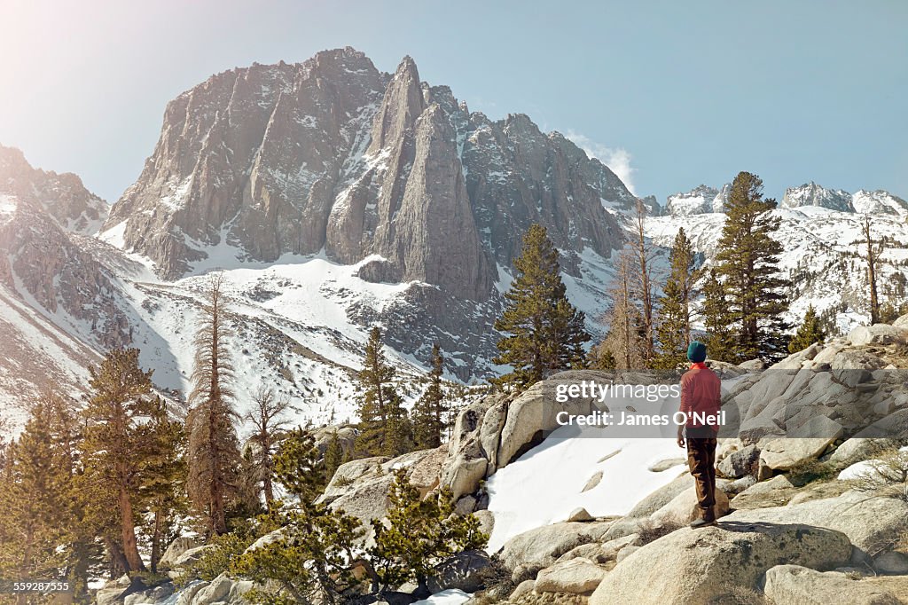 Lone hiker staring at distant mountain