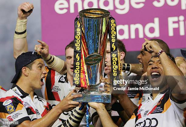 Shontane Hape and Lesley Vainikolo of Bradford celebrate with the trophy after the Engage Super league Grand Final between Leeds Rhinos and Bradford...