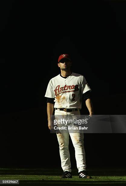 Outfielder Chris Burke of the Houston Astros looks on during Game Three of the National League Championship Series against the St. Louis Cardinals at...