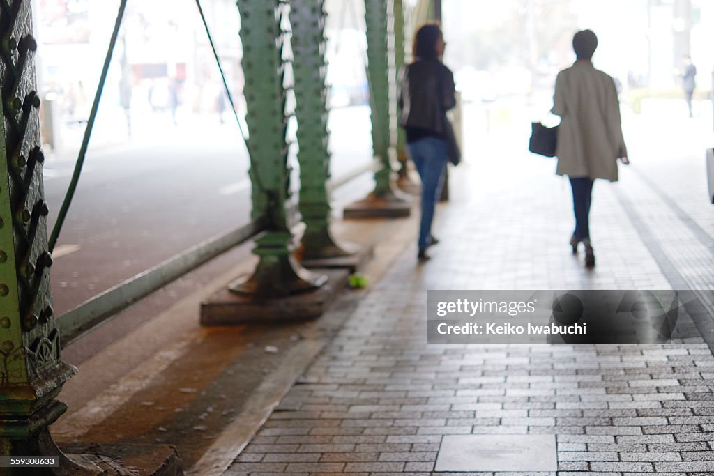 Two women walking on the street