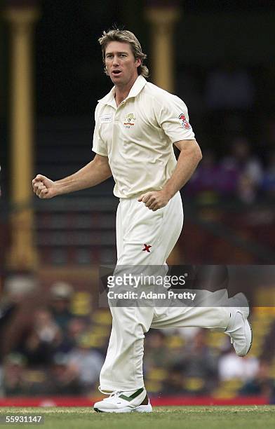 Glenn McGrath of Australia celebrates after taking the wicket of Graeme Smith of the World XI during day 3 of the Johnnie Walker Super Series between...
