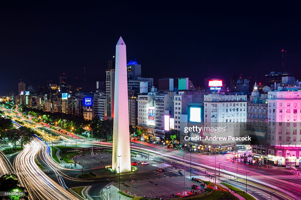 A city landmark, obelisk on Ave 9 de Julio, night