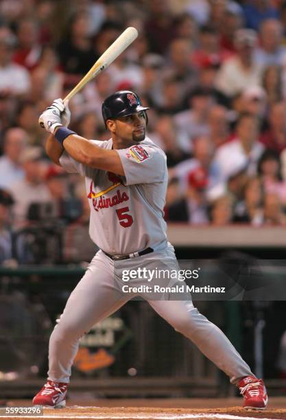 First baseman Albert Pujols of the St. Louis Cardinals bats during Game Three of the National League Championship Series against the Houston Astros...