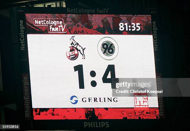 The score board shows the result of the Bundesliga match bewteen 1.FC Cologne and Hanover 96 at the RheinEnergie Stadium on October 16, 2005 in...
