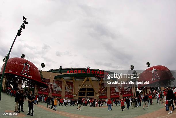 Fans enter Angel Stadium before Game Five of the American League Championship Series between the Los Angeles Angels and Anaheim of the Chicago White...