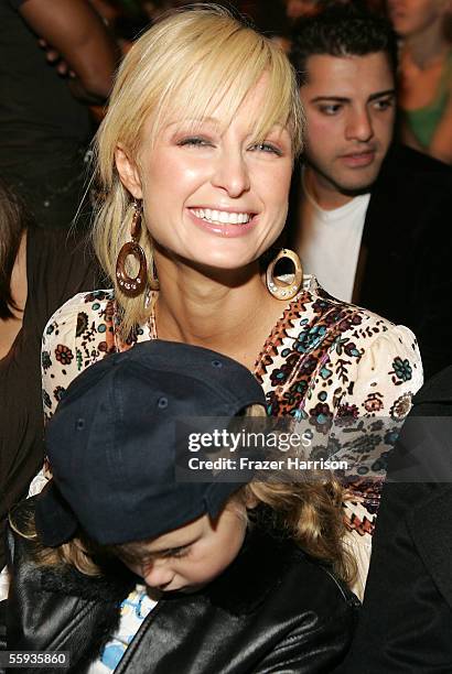 Model Paris Hilton poses in the front row at the Louis Verdad Spring 2006 show during Mercedes-Benz Fashion Week at Smashbox Studios October 16, 2005...