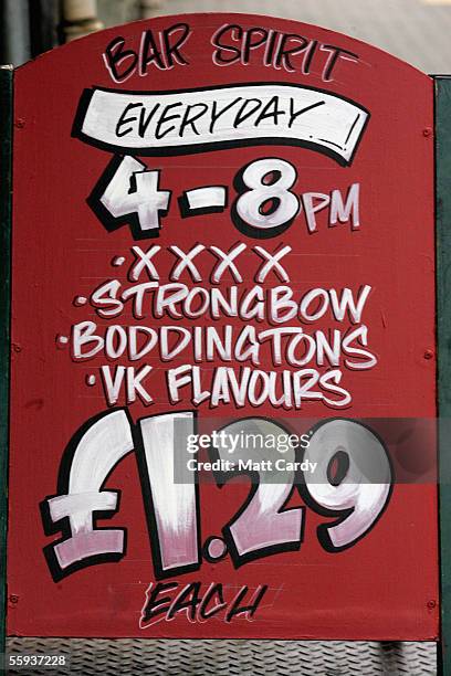 Board outside a pub advertises drink promotions in Bristol City Centre on October 15, 2005 in Bristol, England. Pubs and clubs are preparing for the...