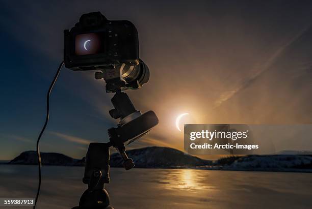 solar eclipse, thingvellir national park, iceland. - zonsverduistering stockfoto's en -beelden