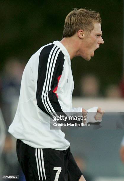 Rouwen Hennings of Germany celebrates scoring the first goal during the UEFA Under 19 European Championship qualifying match between Germany and...