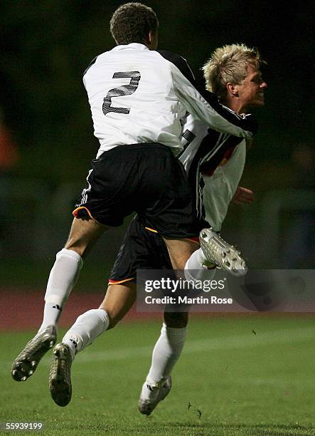 Timo Kunert and Fabian Johnson of Germany celebrates the third goal during the UEFA Under 19 European Championship qualifying match between Germany...