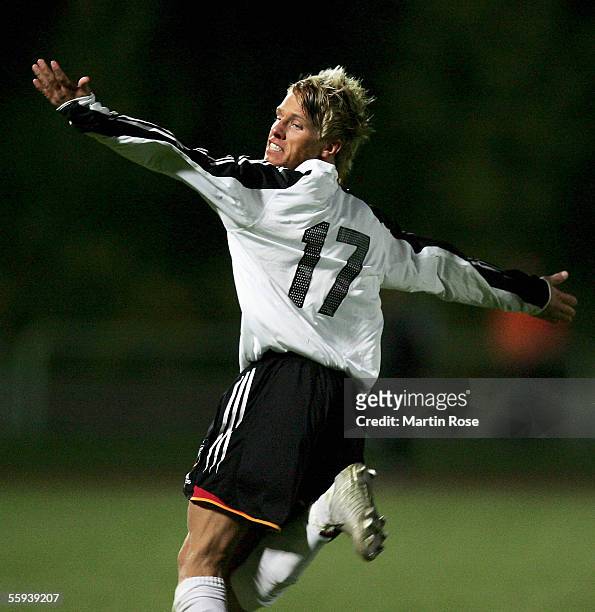 Timo Kunert of Germany celebrates scoring the third goal during the UEFA Under 19 European Championship qualifying match between Germany and Greece...