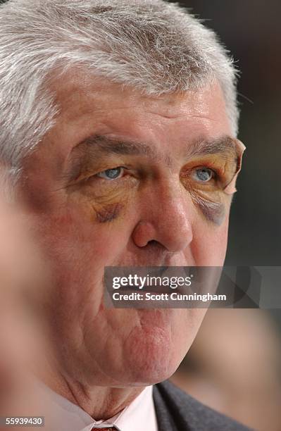 Head coach Pat Quinn of the Toronto Maple Leafs looks on from behind the bench against the Atlanta Thrashers during the NHL game on October 14, 2005...