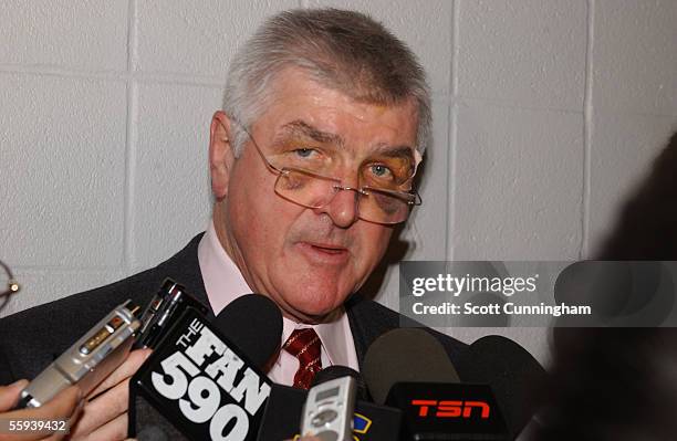 Head coach Pat Quinn of the Toronto Maple Leafs meets with the media after the NHL game against the Atlanta Thrashers on October 14, 2005 at Philips...