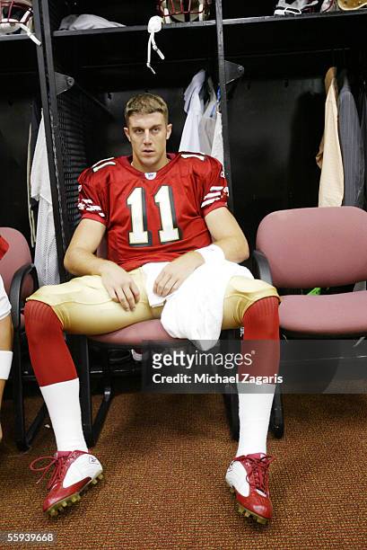 Alex Smith of the San Francisco 49ers preps in the locker room before the game against the Indianapolis Colts at Monster Park on October 9, 2005 in...
