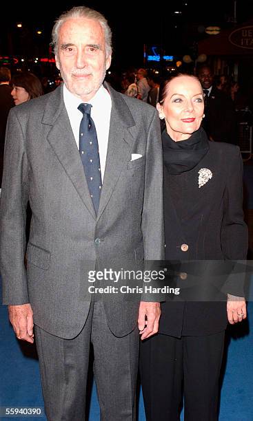 Actor Christopher Lee and his wife Gitte arrive at the UK Premiere of "The Corpse Bride" at the Vue Cinema, Leicester Square on October 17 2005 in...