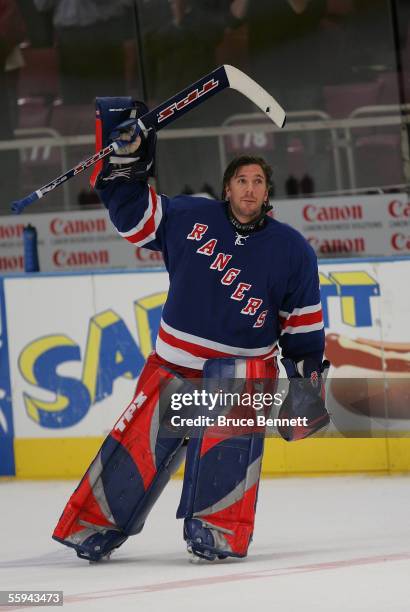 Henrik Lundqvist of the New York Rangers acknowledges the crowd ovation after earning his first career shutout against the the Florida Panthers 4-0...
