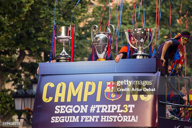 The F.C. Barcelona football team on the parade celebration between the Barcelona streets celebrating the UEFA Champions League achieved on the Berlin...