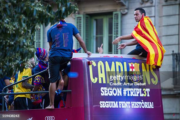 The F.C. Barcelona football team on the parade celebration between the Barcelona streets celebrating the UEFA Champions League achieved on the Berlin...