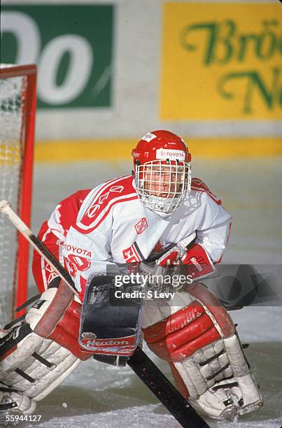 Canadian hockey player Manny Legace tends goal for the Canadian national junior team at the 1993 World Junior Championship, where Team Canada...