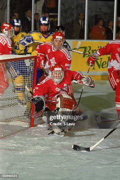 Team Canada goaltender Manny Legace defends his post during a game against Team Sweden at the 1993 World Junior Championship, where the Canadian...