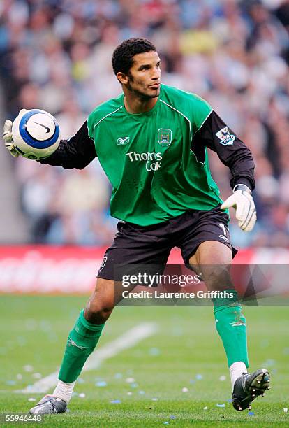 David James the Manchester City Goalkeeper in action during the Barclays Premiership match between Manchester City and West Ham United at the City of...