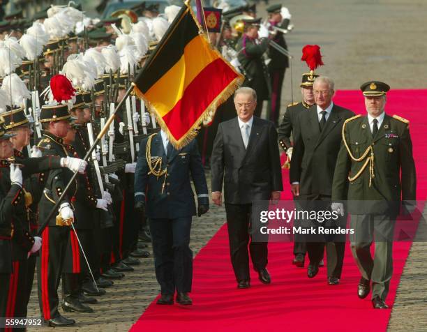 Jorge Sampaio and Prince Philippe assist the official welcome ceremony at the Place Des Palais on October 18, 2005 in Brussels. The President of the...