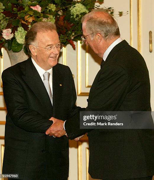 President Sampaio and King Albert pose for the official photo at the Royal Palace on October 18, 2005 in Brussels. The President of the Portuguese...